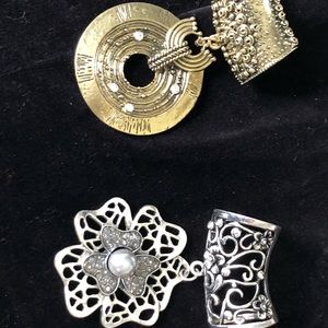 Scarf jewelry in silver tones and gold tones.